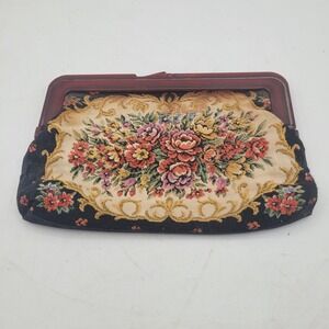 VTG 70's Kiss Lock Tapestry Fabric Floral Clutch Boho Hippie‎ Black Multicolored
